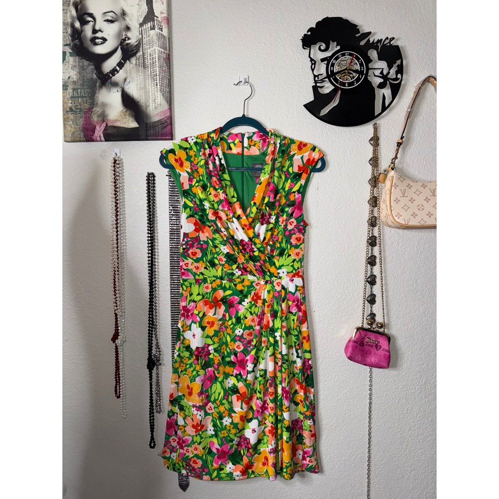 Vince Camuto Womens Floral Faux Wrap Sheath Dress Green Pink Orange Size 8